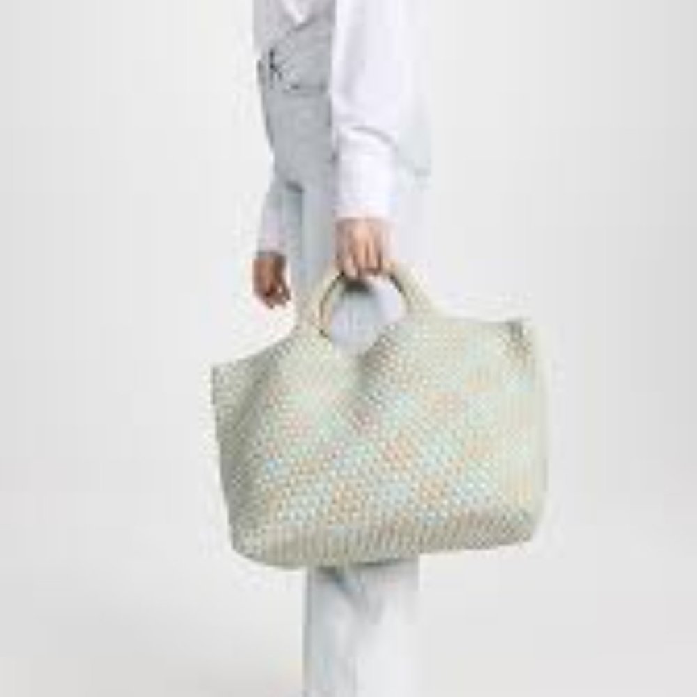 NWT Naghedi NYC Medium St. Barth's Tote in Haze (ecru and light blue plaid)